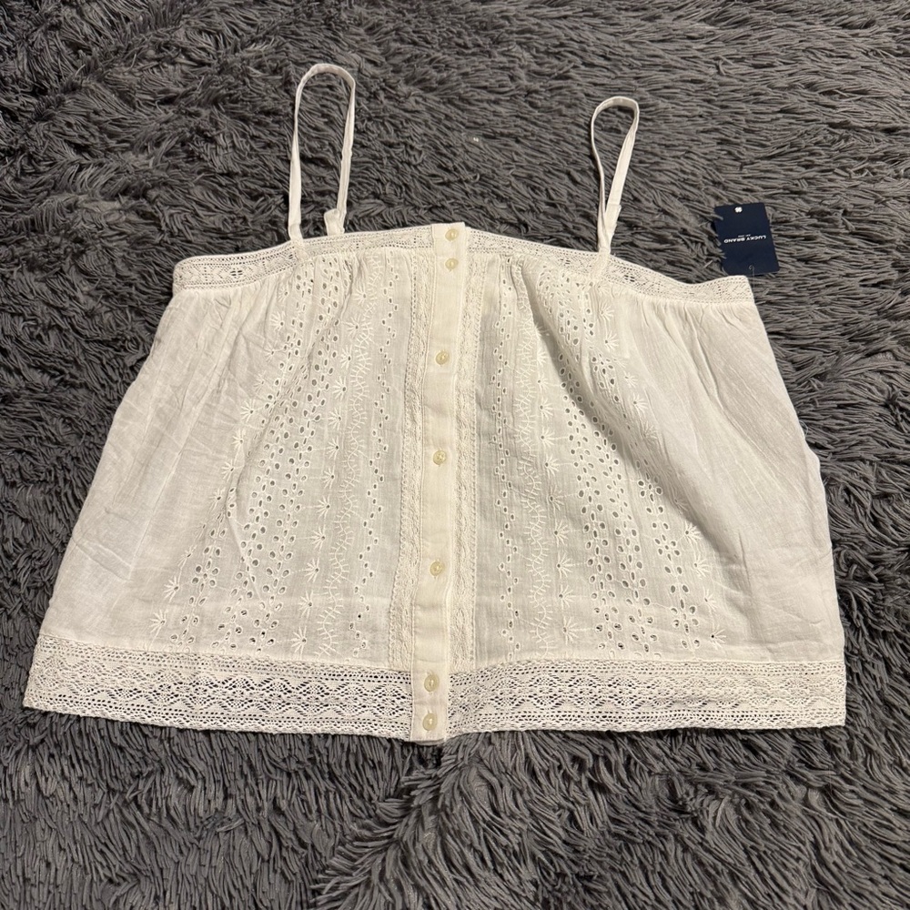LUCKY BRAND WHITE EYELET BUTTON FRONT CAMI TANK M NWT